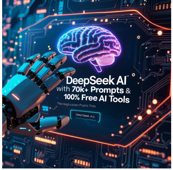 DeepSeek AI Dashboard showcasing 70K+ prompts and free AI tools for writers, marketers, and creators