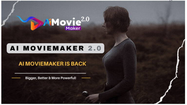 Screenshot of AI MovieMaker 2.0 interface showing automated full-length movie creation with dialogues, scenes, and music