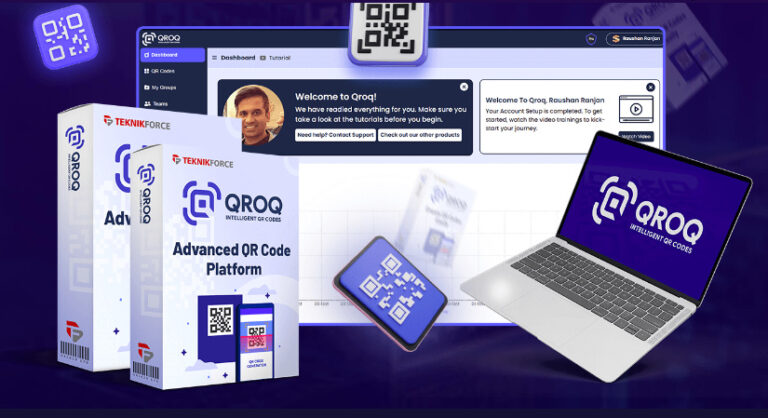 Screenshot of Qroq QR Platform interface showing customizable QR codes, AI-powered landing pages, and digital business cards