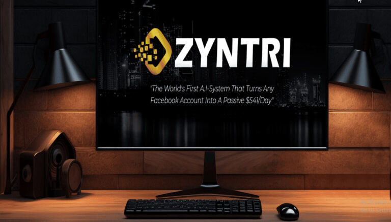 Zyntri AI dashboard screenshot showing Facebook automation tools for passive income generation.