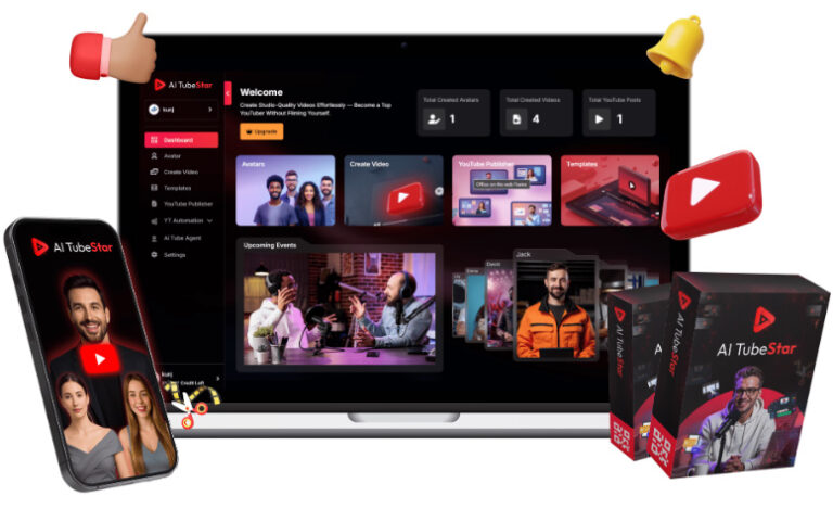 AI TubeStar dashboard screenshot showcasing AI-generated YouTube videos and Shorts automation features.