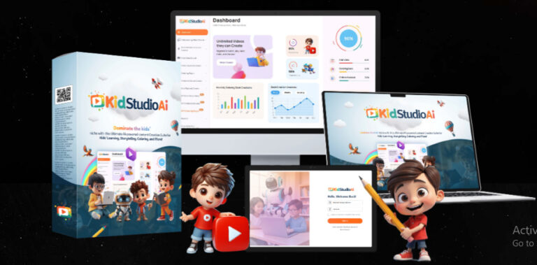 KidStudio AI dashboard showing AI-generated kids’ storybooks, videos, and coloring books