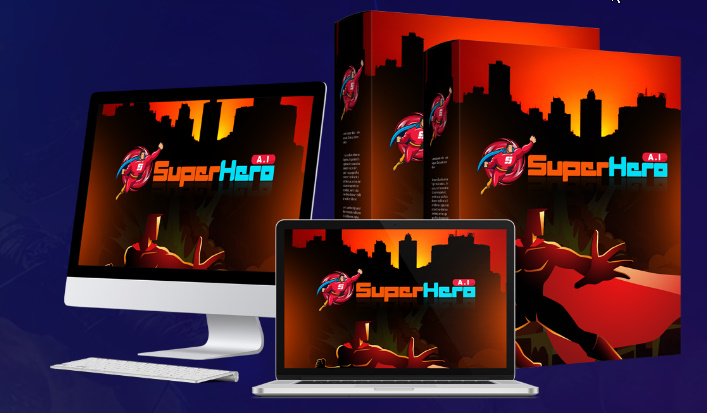 SuperHero AI Dashboard showing AI tools for 4K image creation, video generation, voiceovers, and content writing