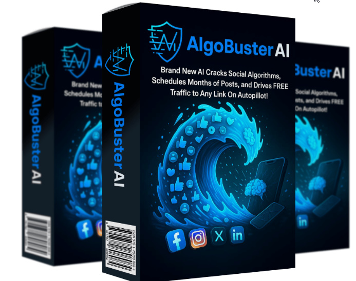 AlgoBuster AI dashboard showcasing automated content creation and social media scheduling across Facebook, LinkedIn, Instagram, and X