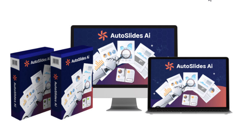 AutoSlides AI dashboard interface showing AI-generated presentation slides and voiceover tools